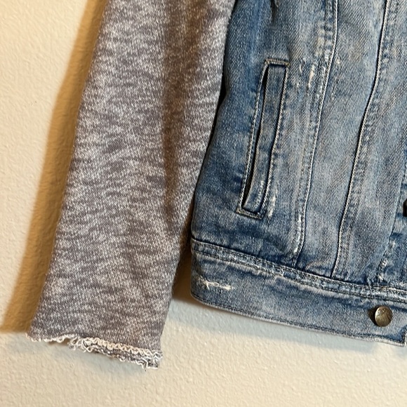 Free People Distressed Denim Knit Sleeves Jean Jacket - Picture 4 of 16